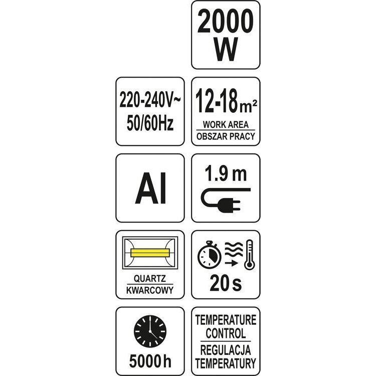 Kvarcinis infraraudonųjų spindulių šildytuvas 2000W su termostatu YATO YT-99530 5 Kvarcinis infraraudonųjų spindulių šildytuvas 2000W su termostatu YATO YT-99530 5