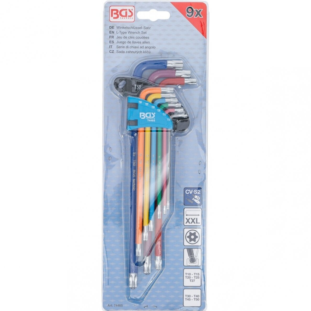 L tipo raktų rinkinys daugiaspalviai šarnyriniai su skyle labai ilgi T-Star (Torx) T10 - T50, 9 vnt. 3