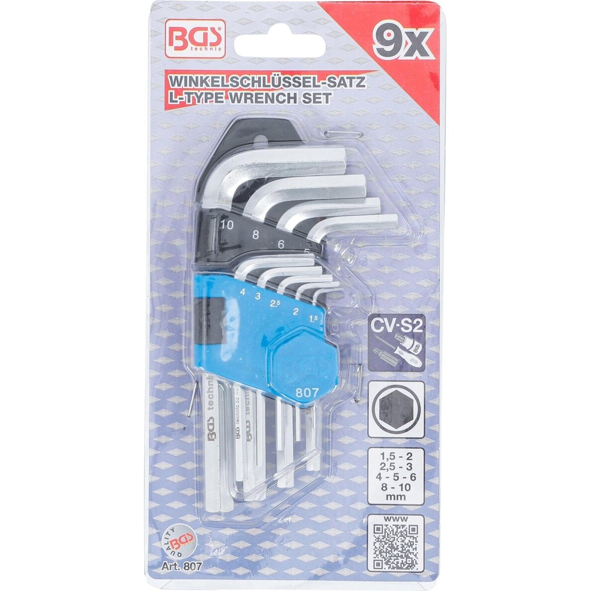 L tipo raktų rinkinys | trumpi | hex šešiakampis 1,5 - 10 mm | 9 vnt. BGS 6