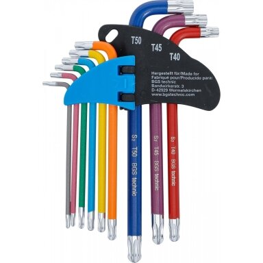L tipo raktų rinkinys daugiaspalviai šarnyriniai ilgi T-Star (Torx) T10 - T50 9 vnt.