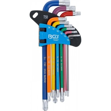 L tipo raktų rinkinys daugiaspalviai šarnyriniai ilgi T-Star (Torx) T10 - T50 9 vnt.