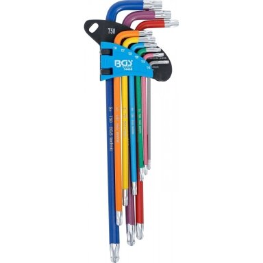 L tipo raktų rinkinys daugiaspalviai šarnyriniai labai ilgi T-Star (Torx) T10 - T50 9 vnt.