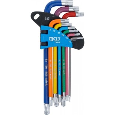 L tipo raktų rinkinys daugiaspalviai šarnyriniai su skyle ilgi T-Star (Torx) T10 - T50, 9 vnt.