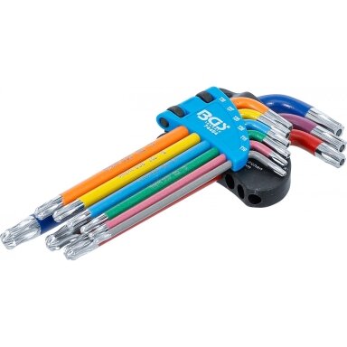 L tipo raktų rinkinys daugiaspalviai šarnyriniai su skyle ilgi T-Star (Torx) T10 - T50, 9 vnt.