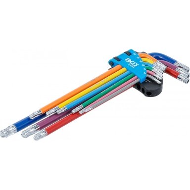 L tipo raktų rinkinys daugiaspalviai šarnyriniai su skyle labai ilgi T-Star (Torx) T10 - T50, 9 vnt.