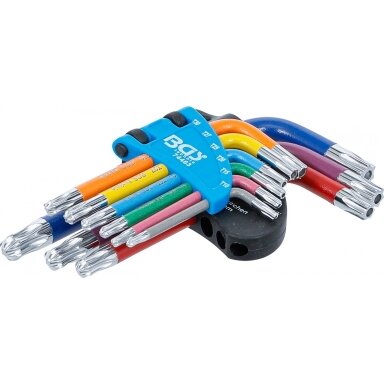 L tipo raktų rinkinys daugiaspalviai šarnyriniai su skyle T-Star (Torx) T10 - T50, 9 vnt.