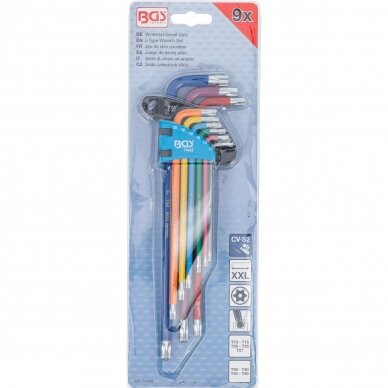 L tipo raktų rinkinys daugiaspalviai šarnyriniai su skyle labai ilgi T-Star (Torx) T10 - T50, 9 vnt. 3