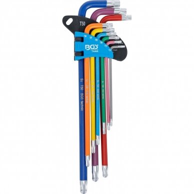 L tipo raktų rinkinys daugiaspalviai šarnyriniai su skyle labai ilgi T-Star (Torx) T10 - T50, 9 vnt. L tipo raktų rinkinys daugiaspalviai šarnyriniai su skyle labai ilgi T-Star (Torx) T10 - T50, 9 vnt.