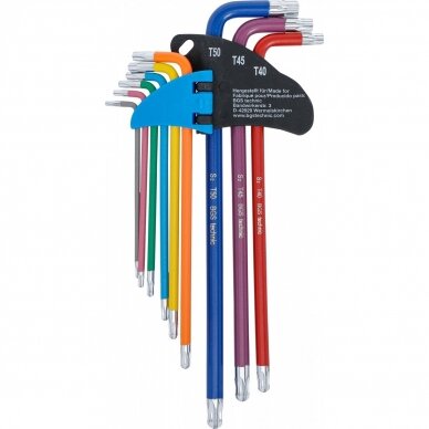 L tipo raktų rinkinys daugiaspalviai šarnyriniai su skyle labai ilgi T-Star (Torx) T10 - T50, 9 vnt. 2