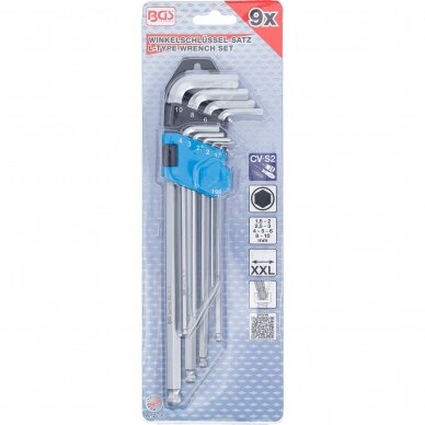 L-tipo šešiakampių raktų rinkinys, ilgas tipas, hex šešiakampis su šarnyru 1,5-10mm 9vnt. BGS 3 L-tipo šešiakampių raktų rinkinys, ilgas tipas, hex šešiakampis su šarnyru 1,5-10mm 9vnt. BGS 3