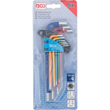 L tipo veržliarakčių rinkinys | daugiaspalviai | ilgi | vidinis šešiakampis 1,5 - 10 mm | 9 vnt. BGS 3