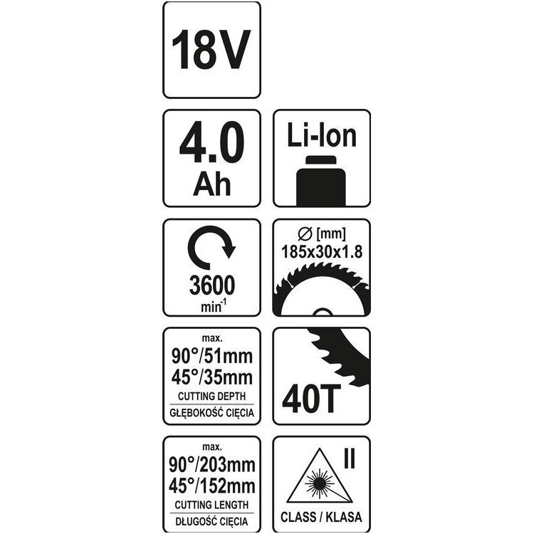 Medžio pjovimo staklės akumuliatorinės YATO 185mm 1-18V 4,0Ah + Pakrovėjas 8 Medžio pjovimo staklės akumuliatorinės YATO 185mm 1-18V 4,0Ah + Pakrovėjas 8