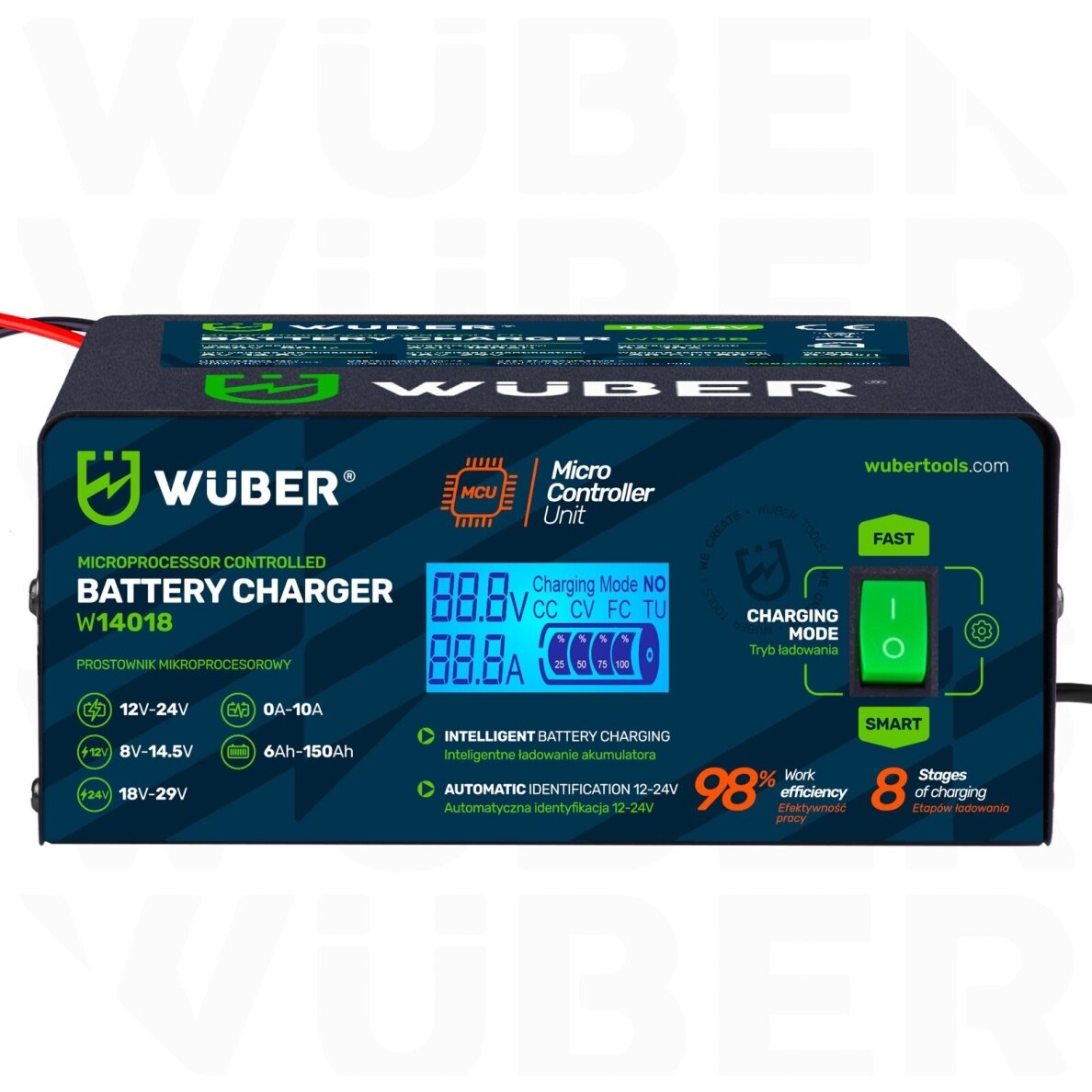 Mikroprocesorinis automobilio akumuliatoriaus įkroviklis 10 A 6-150 Ah 2-24 V WUBER 12 Mikroprocesorinis automobilio akumuliatoriaus įkroviklis 10 A 6-150 Ah 2-24 V WUBER 12
