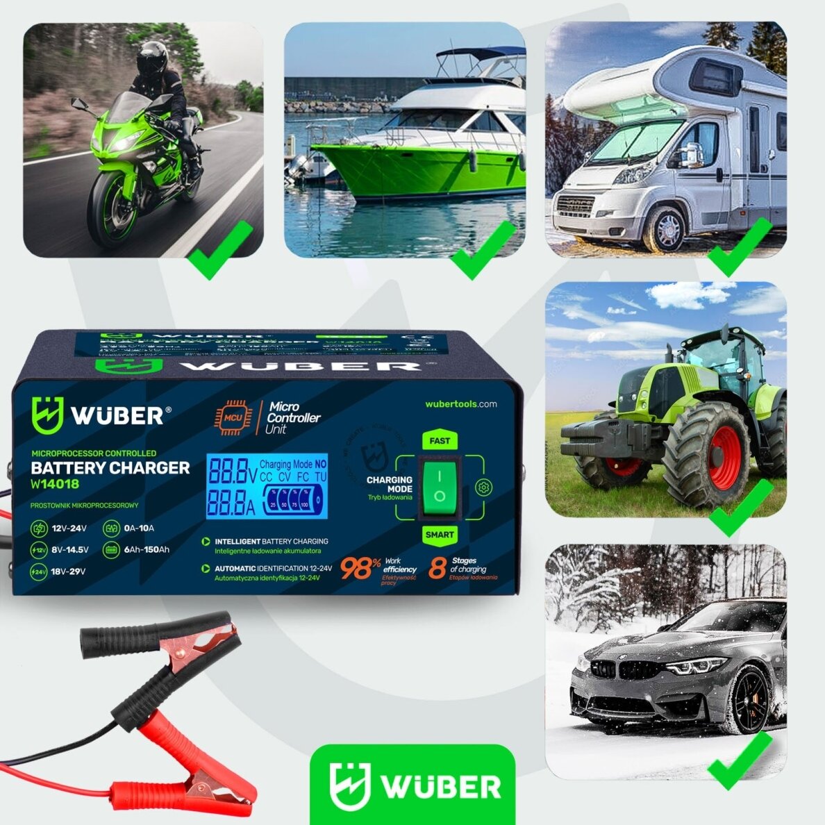 Mikroprocesorinis automobilio akumuliatoriaus įkroviklis 10 A 6-150 Ah 2-24 V WUBER 5 Mikroprocesorinis automobilio akumuliatoriaus įkroviklis 10 A 6-150 Ah 2-24 V WUBER 5