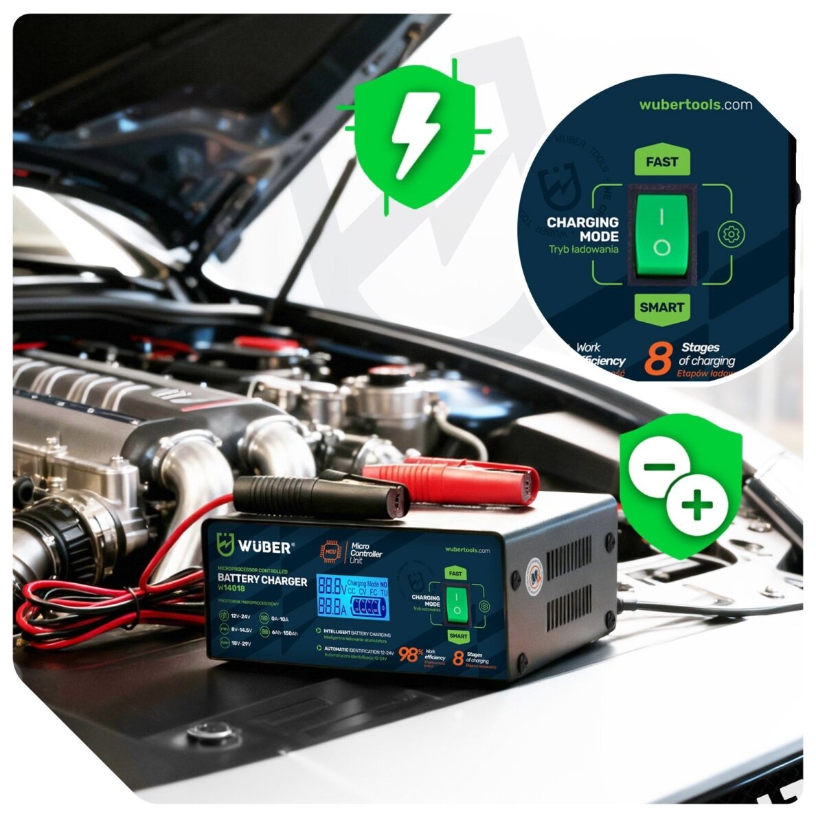 Mikroprocesorinis automobilio akumuliatoriaus įkroviklis 10 A 6-150 Ah 2-24 V WUBER 2