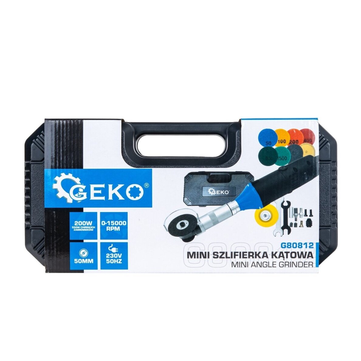 Mini kampinis šlifuoklis GEKO 200 W, 50 mm, su priedais ir lagaminu 13 Mini kampinis šlifuoklis GEKO 200 W, 50 mm, su priedais ir lagaminu 13
