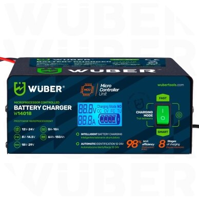 Mikroprocesorinis automobilio akumuliatoriaus įkroviklis 10 A 6-150 Ah 2-24 V WUBER 12 Mikroprocesorinis automobilio akumuliatoriaus įkroviklis 10 A 6-150 Ah 2-24 V WUBER 12