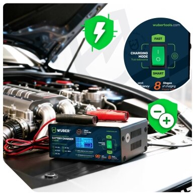 Mikroprocesorinis automobilio akumuliatoriaus įkroviklis 10 A 6-150 Ah 2-24 V WUBER 2 Mikroprocesorinis automobilio akumuliatoriaus įkroviklis 10 A 6-150 Ah 2-24 V WUBER 2