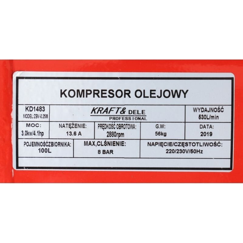 Oro kompresorius 100l, 2 cilindrai Kraft&Dele 8 Oro kompresorius 100l, 2 cilindrai Kraft&Dele 8