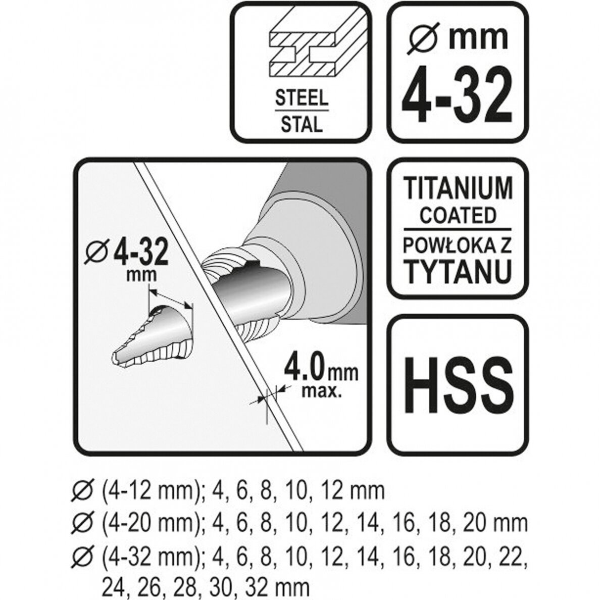 Pakopiniai grąžtai skylės praplatinimui 4-32 mm 3 vnt. 3 Pakopiniai grąžtai skylės praplatinimui 4-32 mm 3 vnt. 3
