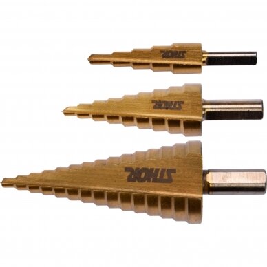 Pakopiniai grąžtai skylės praplatinimui 4-32 mm 3 vnt. 1 Pakopiniai grąžtai skylės praplatinimui 4-32 mm 3 vnt. 1
