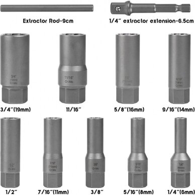 Pažeistų veržlių atsukėjų rinkinys 3/8" 11 vnt (6–19 mm) | 3 Pažeistų veržlių atsukėjų rinkinys 3/8" 11 vnt (6–19 mm) | 3