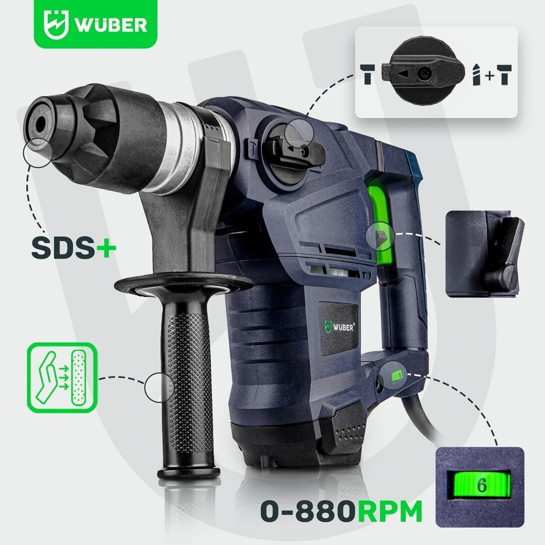 Perforatorius 5,5J 1500W SDS+ – su lagaminu ir priedais Wuber W28922 7