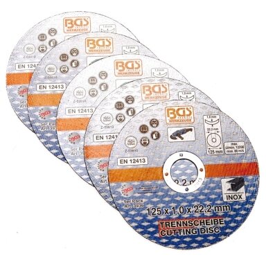 Pjovimo diskai nerūdijančiam plienui Ø125 x 1,0 x 22,2mm 5vnt. BGS Technic Pjovimo diskai nerūdijančiam plienui Ø125 x 1,0 x 22,2mm 5vnt. BGS Technic