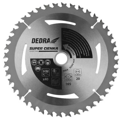 Pjovimo diskas medienai 165x16mm 40T(1,1x1,6mm) SUPER THIN Dedra HA16540E