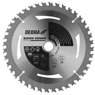 Pjovimo diskas medienai 40T, 165x20x1,1x1,6mm SUPER THIN Dedra HA16540