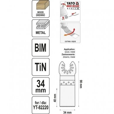 Pjūkliukas daugiafunkciniam įrankiui metalui ir medienai BIM-TIN 90mm / 34mm YATO YT-34712 3 Pjūkliukas daugiafunkciniam įrankiui metalui ir medienai BIM-TIN 90mm / 34mm YATO YT-34712 3