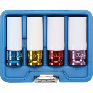 Plonasienių smūginių galvučių rinkinys su apsaugom 12,5 mm (1/2"), 17/19/21/22mm, 4 vnt. Plonasienių smūginių galvučių rinkinys su apsaugom 12,5 mm (1/2"), 17/19/21/22mm, 4 vnt.