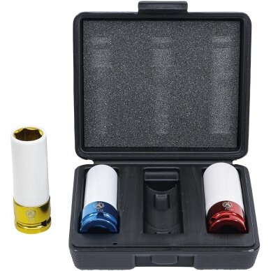 Plonasienių smūginių galvučių rinkinys su apsaugom 12,5mm (1/2"), 17/19/21mm 3 vnt. 3 Plonasienių smūginių galvučių rinkinys su apsaugom 12,5mm (1/2"), 17/19/21mm 3 vnt. 3