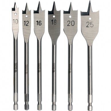Plunksninių grąžtų rinkinys 1/4" antgalis 10-25 mm 6 vnt. Plunksninių grąžtų rinkinys 1/4" antgalis 10-25 mm 6 vnt.