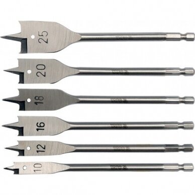 Plunksninių grąžtų rinkinys 1/4" antgalis 10-25 mm 6 vnt. 1 Plunksninių grąžtų rinkinys 1/4" antgalis 10-25 mm 6 vnt. 1