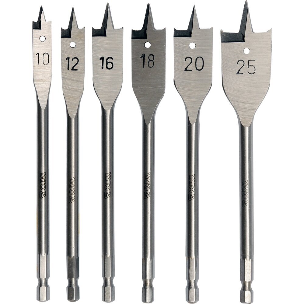 Plunksninių grąžtų rinkinys 1/4" antgalis 10-25 mm 6 vnt. Plunksninių grąžtų rinkinys 1/4" antgalis 10-25 mm 6 vnt.