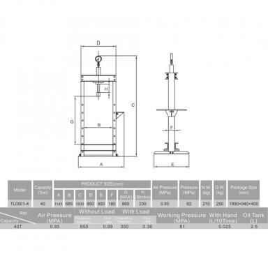 Pneumatinis hidraulinis presas su manometru 40T Pneumatinis hidraulinis presas su manometru 40T