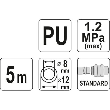 Pneumatinė žarna su antgaliais | 8 x 12 mm | 5 m | PU 2