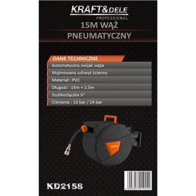 Pneumatinė žarna su automatine rite 15 m + 1,5 m 1/4" KD2158 12