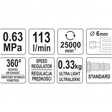 Pneumatinis šlifuoklis 6mm YATO 4 Pneumatinis šlifuoklis 6mm YATO 4
