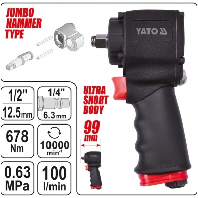 Pneumatinis smūginis veržliasukis (ypač trumpas 99mm) 1/2" 678Nm YATO 4 Pneumatinis smūginis veržliasukis (ypač trumpas 99mm) 1/2" 678Nm YATO 4