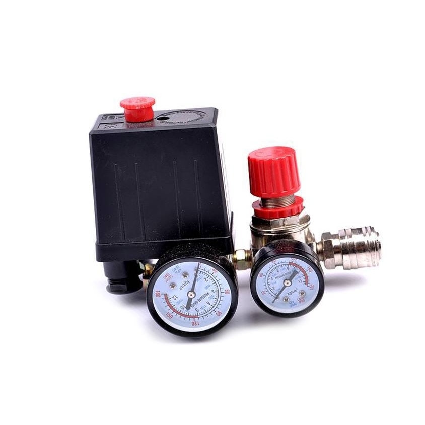 Reguliatorius kompresoriui su slėgio jungikliu ir manometrais 230V Reguliatorius kompresoriui su slėgio jungikliu ir manometrais 230V