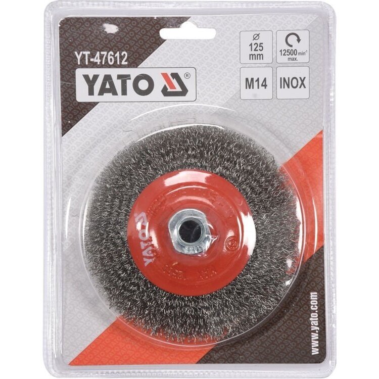 Šepetys vielinis lėkštės tipo, nerūdijantis plienas INOX 125mm, M14 YATO 2 Šepetys vielinis lėkštės tipo, nerūdijantis plienas INOX 125mm, M14 YATO 2