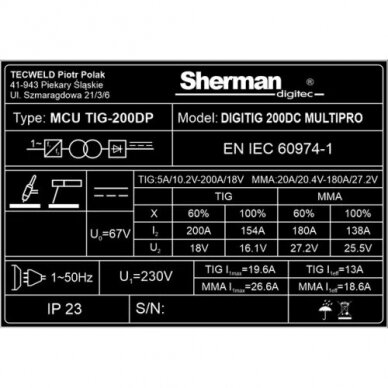 Sherman DIGITIG 200DC Multipro Suvirinimo aparatas, 200A 5 Sherman DIGITIG 200DC Multipro Suvirinimo aparatas, 200A 5