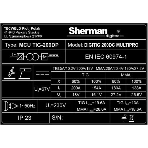 Sherman DIGITIG 200DC Multipro Suvirinimo aparatas, 200A 5 Sherman DIGITIG 200DC Multipro Suvirinimo aparatas, 200A 5