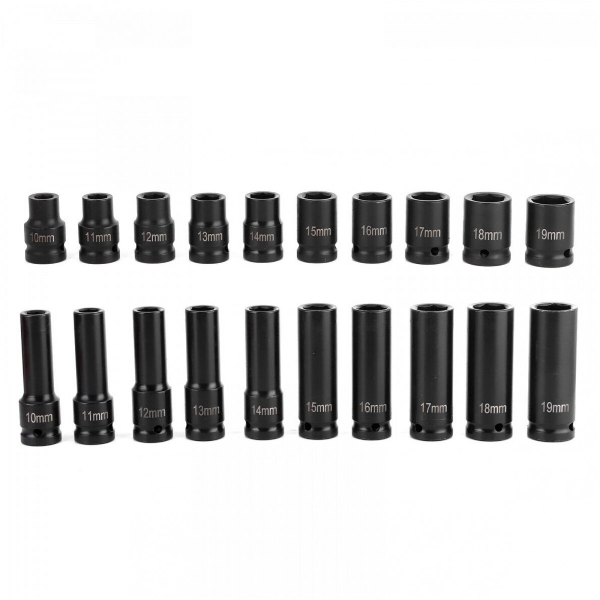 Smūginių galvučių rinkinys 10-19mm (ilgos+trumpos) 1/2" 20vnt. 6 Smūginių galvučių rinkinys 10-19mm (ilgos+trumpos) 1/2" 20vnt. 6