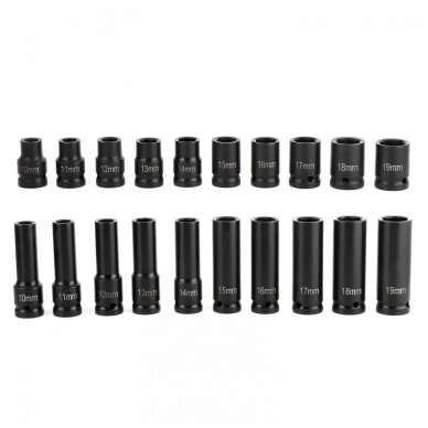 Smūginių galvučių rinkinys 10-19mm (ilgos+trumpos) 1/2" 20vnt. 6 Smūginių galvučių rinkinys 10-19mm (ilgos+trumpos) 1/2" 20vnt. 6