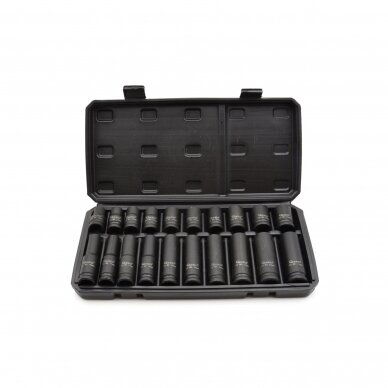 Smūginių galvučių rinkinys 10-19mm (ilgos+trumpos) 1/2" 20vnt. Smūginių galvučių rinkinys 10-19mm (ilgos+trumpos) 1/2" 20vnt.
