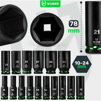 Smūginių ilgų galvučių rinkinys 1/2" 16 vnt. 8–32 mm Wuber 1