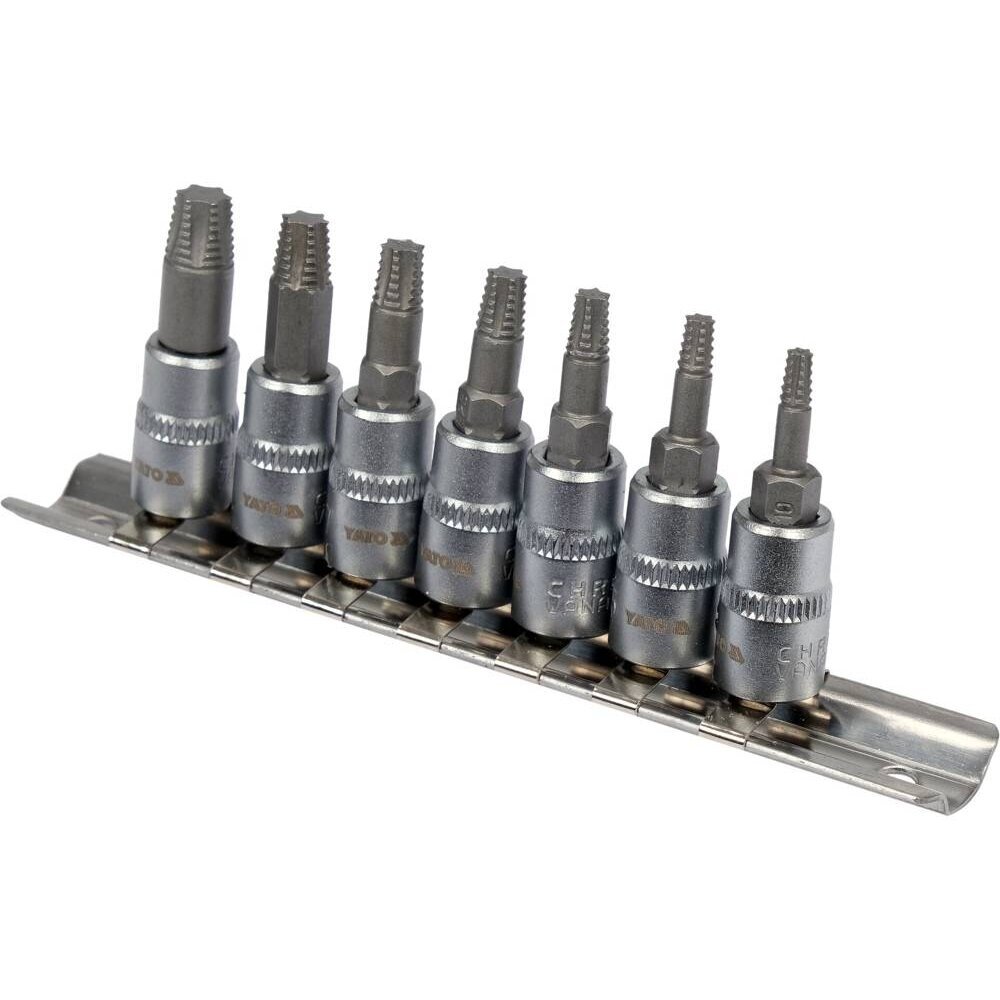 Sraigtiniai ištraukikliai | 6,3 mm (1/4") / 10 mm (3/8") | pažeistam T-Star (Torx) T10 - T40 | 7 vnt. YT-04581 YATO 2 Sraigtiniai ištraukikliai | 6,3 mm (1/4") / 10 mm (3/8") | pažeistam T-Star (Torx) T10 - T40 | 7 vnt. YT-04581 YATO 2